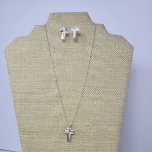Silver Cross Necklace and Earring Set